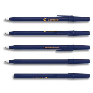 Five blue pens with 'Comfort' and 'ChoiceHotels.com' branding on a white background