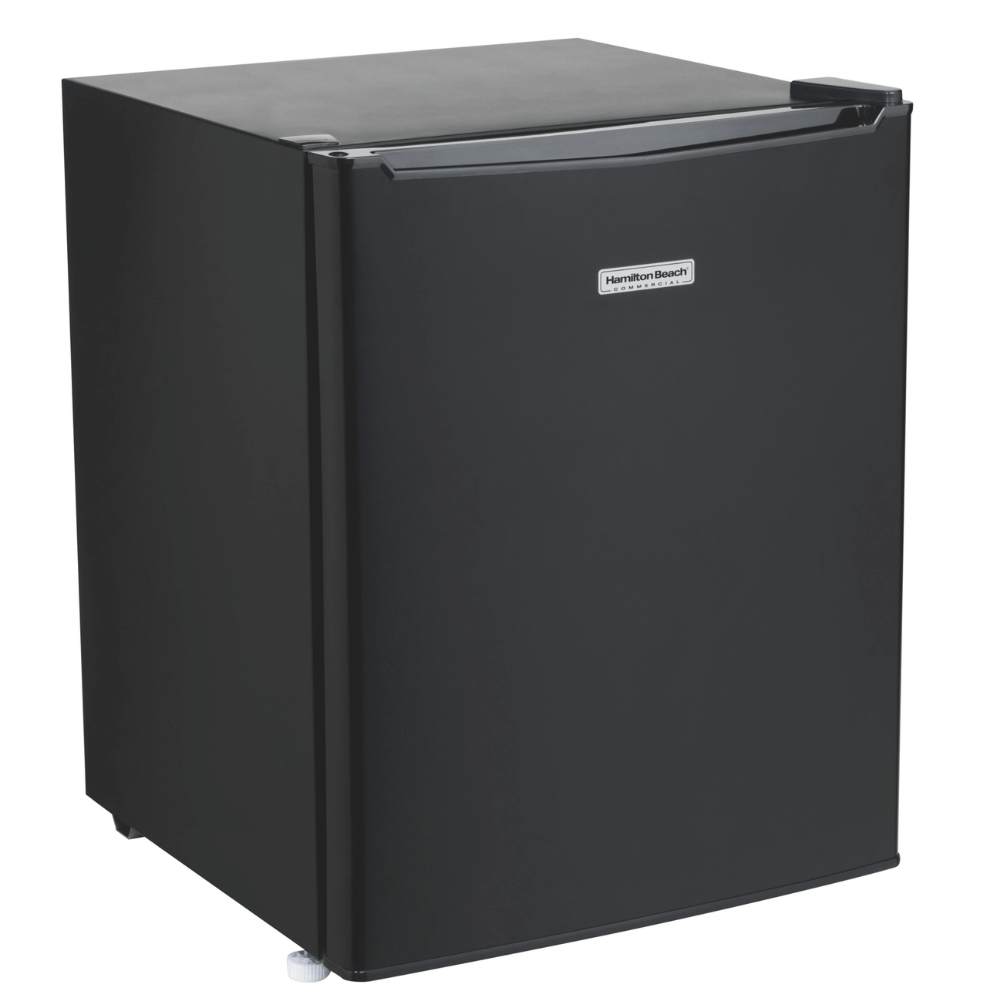 Black refrigerator with a visible brand logo on a white background