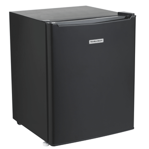 Black refrigerator with a visible brand logo on a white background