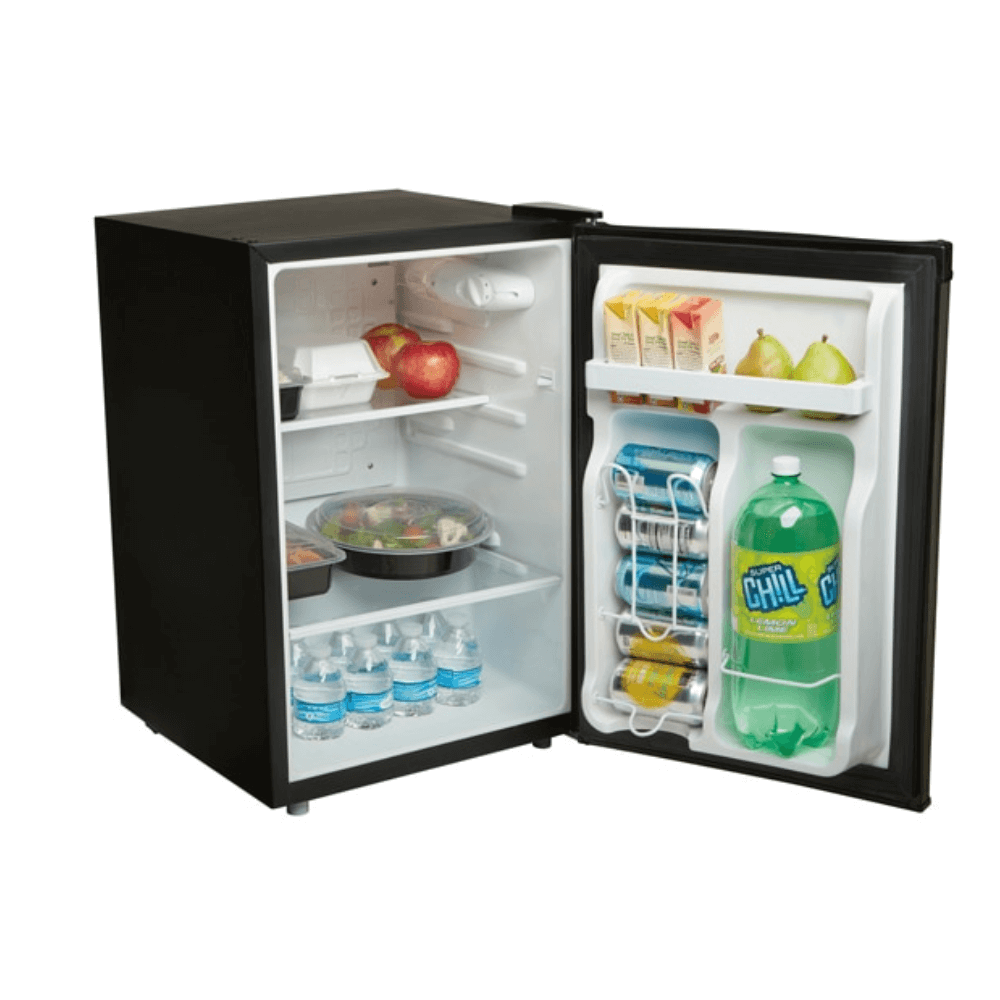 Mini refrigerator with open door showing various items inside on a white background