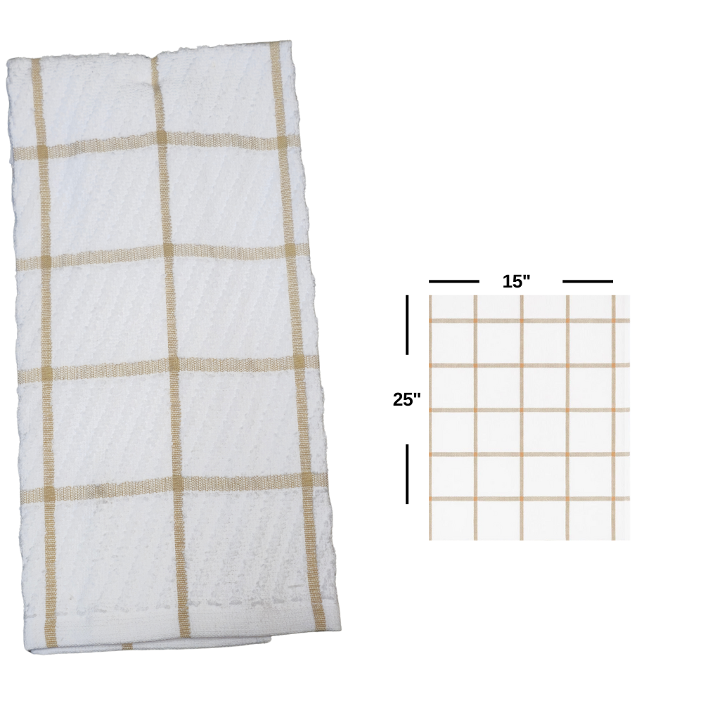 Hotel Kitchen Dish Towel, Beige Grid Pattern, 15" x 25" – Bulk Case