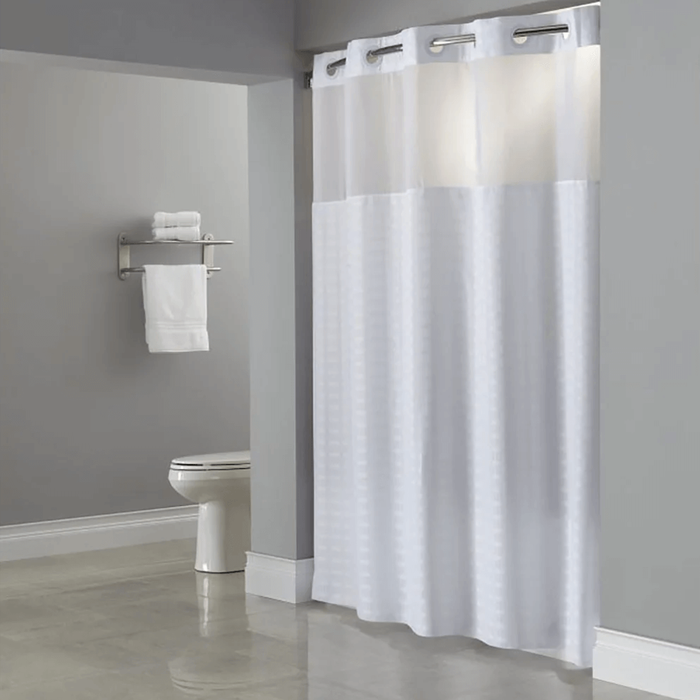 White Hookless Madison Shower Curtain w/ Window - HBH43MYS01AM – 71" x 74" – Hotel Fabric