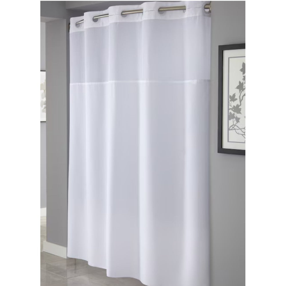 Hookless white shower curtain with sheer window hanging in a bathroom