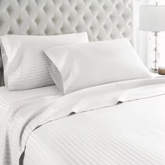 T-250 Satin Stripe Queen Fitted Sheet – White, 60"x80"x14", 1cm Stripe, Reliance Linen